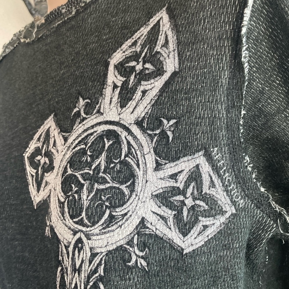 Affliction Black and White Long Sleeve Tee with Gothic Cross y2k edgy grunge - Picture 2 of 8